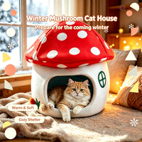 Mignonne maison pour animaux de compagnie en forme de champignon rouge, lit semi-fermé chaud pour l'hiver, pour chat et chien, doux, en peluche, confortable, type grotte, pour temps froid