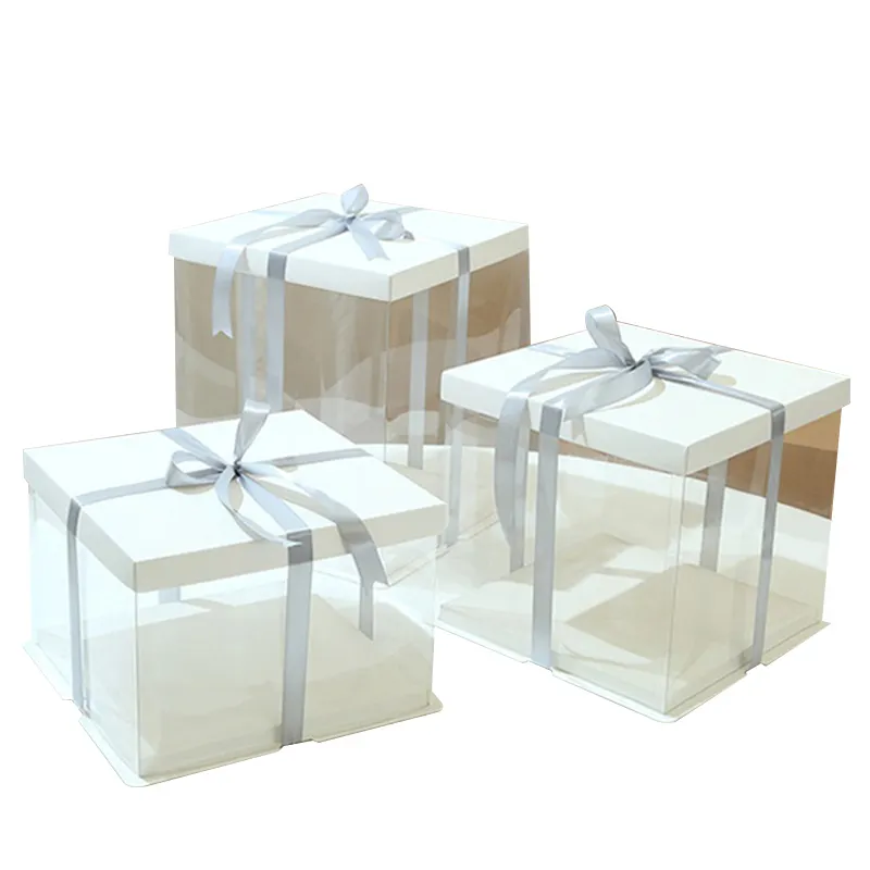 मेहमानों के लिए सफेद रिबन वेडिंग कस्टम केक बॉक्स के साथ नया डिजाइन साफ़ पारदर्शी पैकेजिंग पीईटी स्क्वायर मिठाई पैकेज बॉक्स