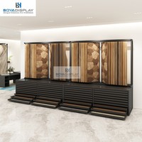 Présentoir de sol personnalisable avec pages rabattables et tiroirs, en métal, pour échantillons de revêtements de sol en showroom