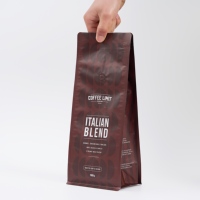 Sachet souple personnalisé à fond plat avec finition mate pour l'emballage de grains de café, thé, aliments en PET, avec valve de dégazage