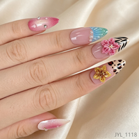 Vente en gros de faux ongles personnalisés à étiquette privée, longs, en forme d'amande, sculptés en 3D, fleurs, zèbre, léopard