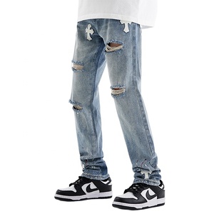 <span class=keywords><strong>Jeans</strong></span> incrociati da uomo con toppa strappata 2023 primavera/estate <span class=keywords><strong>pantaloni</strong></span> in Denim a gamba dritta - Product Image 1