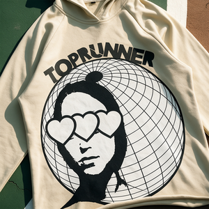 Sudadera con Capucha Vintage para Hombre, Estilo Urbano, Color Beige, Manga Raglán, Estampado <span class=keywords><strong>TOPRUNNER</strong></span> con Retrato, Globo y Corazón, Bajo sin Rematar, Estilo Hip Hop - Product Image 4