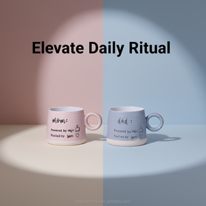 Ensemble de tasses à café en céramique grès rose et bleu avec citation pour <span class=keywords><strong>maman</strong></span> et <span class=keywords><strong>papa</strong></span>, texturé, 350 ml, grande poignée en forme de O, résistant à la chaleur, passe au micro-ondes - Product Image 4