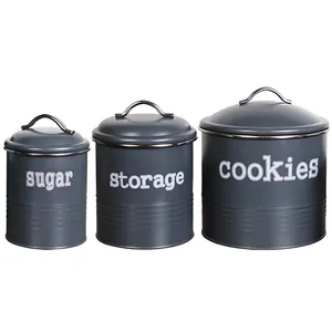 深灰色的圆形金属厨房罐 3 件套饼干咖啡糖茶储存罐