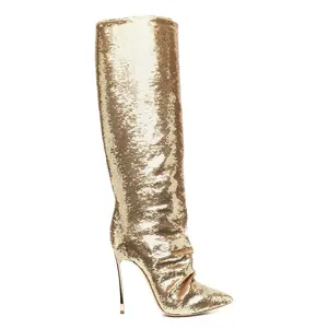 Anmairon-Botas hasta la rodilla de cuero brillante para mujer, zapatos femeninos de tacón con punta puntiaguda, color dorado, estilo Popular, 2022