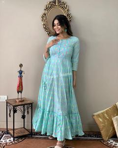 Tuyệt đẹp ánh sáng màu xanh hoa in Chiều dài áo choàng với thêu ren làm việc và nút đối phó cho Womens thực hiện với chất lượng cao - Product Image 5