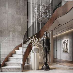 Современная Роскошная изогнутая стальная лестница индивидуальная мраморная лестница со стеклянным ограждением для квартиры - Product Image 3