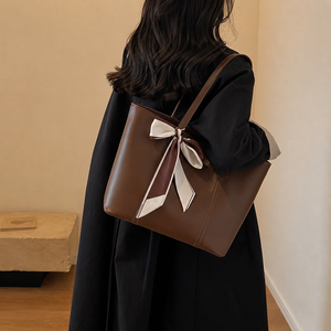 Women Soft PU Leather Tote Shoulder Bag Large Capacity Brown Handbag With Scarf Accent Casual Work Bag Factory Supply - Product Image 3