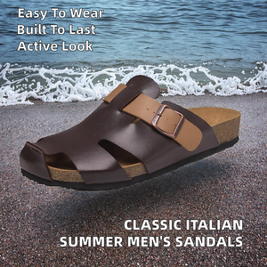 Nouvelles sandales plates d'été pour hommes, style sabot, en cuir PU souple, avec boucle en liège et lanières croisées, design classique italien, à bout fermé, semelle EVA - Product Image 2
