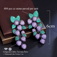 Boucles d'oreilles pendantes longues pour femme, motif grappe de raisin et feuille, en micro-pavé de zircon cubique violet et vert, pour mariage et soirée
