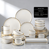 32 Piece Porcelain Dinnerware Set with Gold Rim Embossed Striped Design Plates Bowl Cups&Saucers Luxury Restaurant Tableware Set