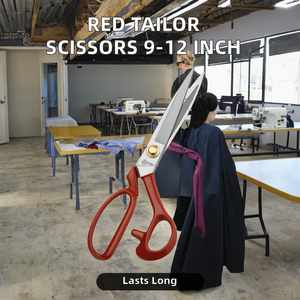 กรรไกรตัดหมุดสำหรับตัดเย็บเสื้อผ้าและผ้าใบมีดเหล็กแมงกานีสสูงขอบเรียบแบบ DIY ด้ามจับสีแดงขนาด9-12นิ้ว - Product Image 2