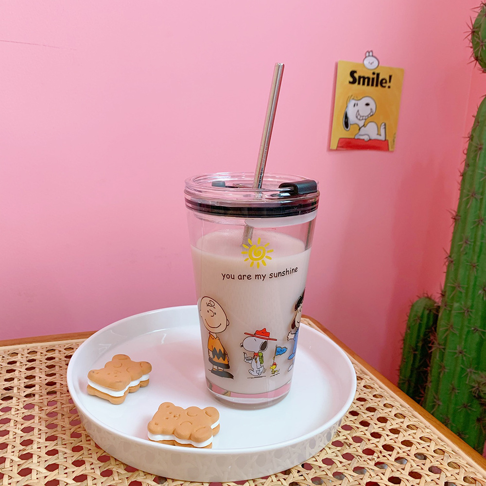Стеклянная чашка для воды с принтом милого щенка, чашка для воды для завтрака, молока, сока, высокотемпературная чашка для воды с соломинкой и ручкой
