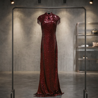 Robe longue Cheongsam élégante rouge bordeaux à sequins, fente haute, style chinois, pour soirée formelle
