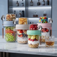 Pot en verre portable à compartiments pour overnight oats avec cuillère à crochet, conception à double compartiment pour préparation de repas (avoine, yaourt, salade)