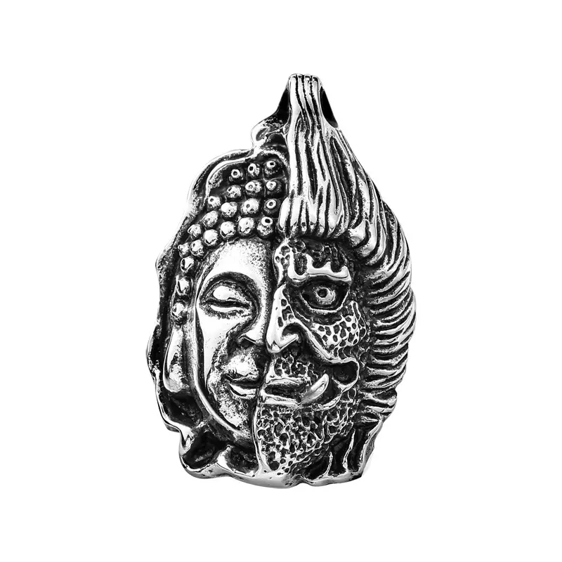 Stainless Steel Religious Jewelry Half Buddha Half Demon Large Pendant Necklace