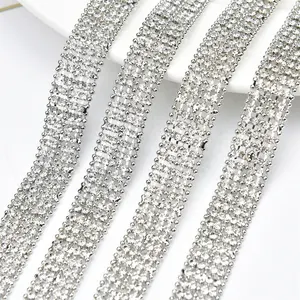 7 Rows Silver Beaded Rhinestone Glass Crystal Metal Chain Trim Ribbon for Wedding Cake Clothes Shoes Bags Decoration Accessories