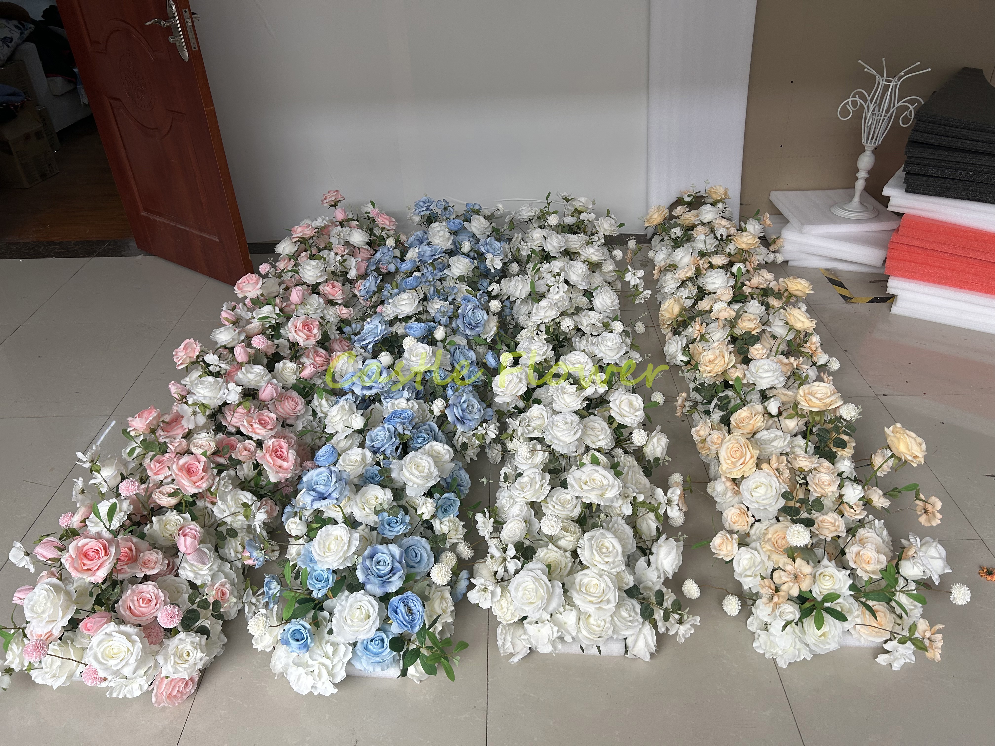 FR003卸売3D白赤紫ピンクの島の花テーブルランナーイベント