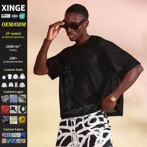 Camiseta de punto personalizada para hombre, estilo streetwear de verano, cuello redondo, hombros caídos, corte holgado y corto, con patrón de malla de esqueleto - Product Image 1