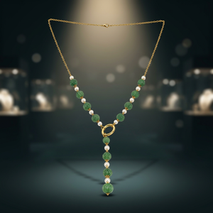 Collier personnalisé en laiton italien plaqué rhodium avec perles cannelées en jade vert et imitation perle, chaîne lariat fine pour femme, luxe - Product Image 5