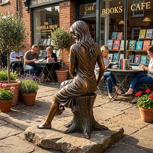 Statue <span class=keywords><strong>de</strong></span> <span class=keywords><strong>dame</strong></span> assise en bronze antique tenant un livre ouvert sur un socle en arbre, statue en bronze - Product Image 2