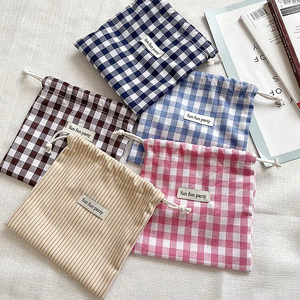 Floral Print Plaid Cotton <b>Drawstring</b> <b>Pouch</b> Bag for Makeup Key Storage Eco Friendly Small Canvas <b>Drawstring</b> Cloth Bag - Product Image 2