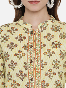 Ensemble Kurti en coton imprimé à la main, style moderne, écologique, respirant, motif floral jaune, manches trois quarts, robe ample décontractée - Product Image 2