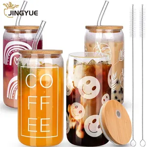 Wholesale Custom Logo 16oz Juice Drinking Coffee Cup 20oz Can Shape Glass Cocktails Cups with Straw and Bamboo Lid for Holiday