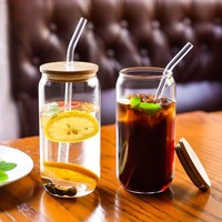 BS 16oz 18oz gelas minum kaleng bir bening cangkir kaca borosilikat berbentuk dapat dengan tutup bambu dan sedotan kaca
