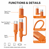 Kabel USB-C Dual Output 2-in-1 65W PD Tipe-C +27W 8Pin Pengisian Cepat TPE 1.5m Tembaga Berlapis Timah Multi Warna OEM untuk Komputer