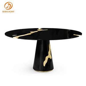 Table à manger de luxe personnalisée en bois massif et MDF noir, design craquelé italien, feuille d'or, acier inoxydable 304, mobilier de salle à manger - Product Image 5