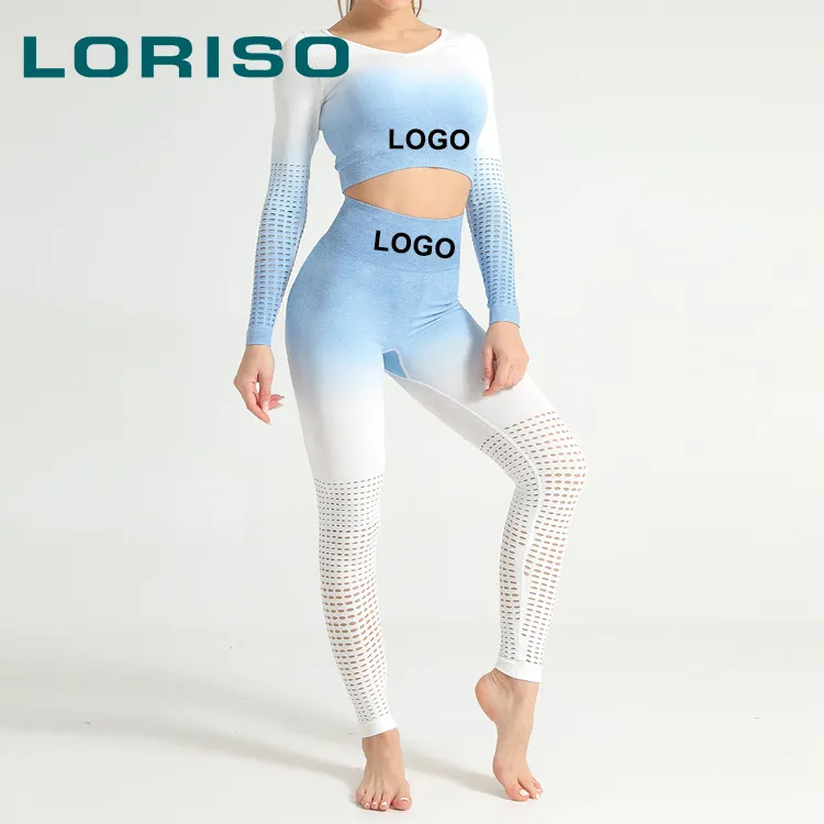 Новинка 2020, женская спортивная одежда с длинным рукавом Омбре из нейлона и спандекса, бесшовный комплект для йоги