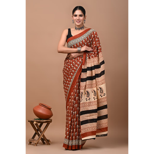 Sari en coton Mulmul imprimé avec blouse assortie – Léger et élégant, sari en coton Mulmul doux – Confortable pour un usage quotidien - Product Image 6