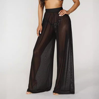 Vrouwen Doorzien Boho Wijde Pijpen Hoge Taille Broek Strand Lange Losse Mesh Doorschijnende Broek Bikini Bodem Cover-Up Strandkleding