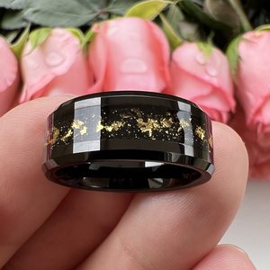 <span class=keywords><strong>Anelli</strong></span> di tungsteno <span class=keywords><strong>neri</strong></span> da 8mm per gli uomini da donna frammenti di lamina d'oro intarsio di fidanzamento fede nuziale smussata bordi lucidati Comfort Fit - Product Image 4