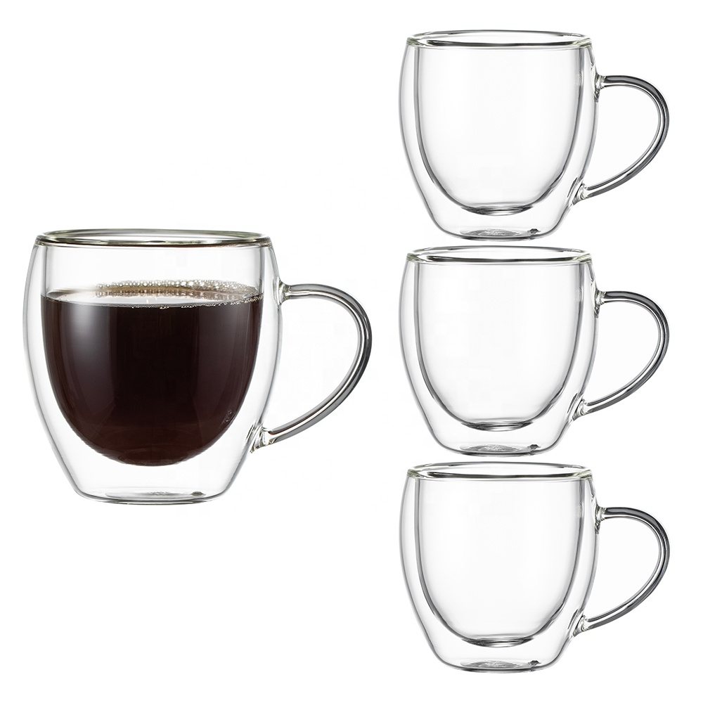 Commercio all'ingrosso di vetro tazza di tè Set di 4 Logo personalizzato trasparente doppia parete di vetro tazza di caffè borosilicato tazza di caffè Espresso in vetro