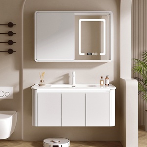 Meuble de salle de bain en bois massif avec lavabo intégré en céramique à arc circulaire, miroir intelligent et finition peinture laquée - Product Image 1