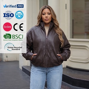 Blouson Bomber Femme Grande Taille Marron <span class=keywords><strong>en</strong></span> Similicuir Imperméable Décontracté à Col Montant avec Fermeture Éclair et Boutons, Teint Uni, pour l'Automne - Product Image 6