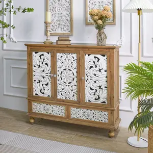 INNOVA Home Rustic White Flower Carved 3 Doors And 2 Drawers Dinning Room Wood Sideboard Accent Storage Cabinets