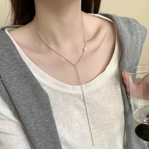 Collar largo de plata de ley S925 con perlas de grano de arroz, cadena para suéter, para mujer, accesorio de moda de otoño e invierno, estilo sencillo. - Product Image 5