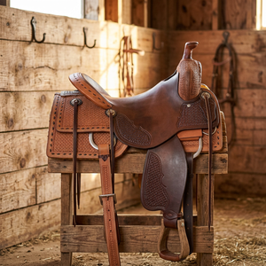 Selle de course en cuir véritable Western avec arceau en bois et quincaillerie SUS304, couleur marron, ensemble complet, confortable et durable, pour chevaux. - Product Image 1