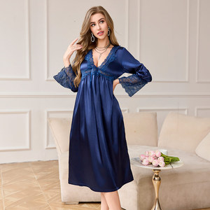 Nuova Camicia da Notte Sexy in Stile Palazzo Francese da Donna, in Poliestere Seta Ghiaccio Leggera, a Maniche Lunghe, Scollo a V, con Pizzo, per Casa, Leggera, Taizhou - Product Image 3