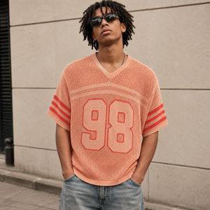 Suéter de punto con bloques de color para hombre, estilo universitario vintage, con rayas numéricas y diseño hueco, jersey deportivo. - Product Image 1