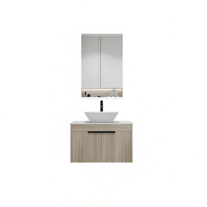 Mueble de Baño Moderno de 30 Pulgadas con Lavabo de Cerámica, Montado en la Pared, Puerta con Cierre Suave, Espejo Incluido, Acabado en Madera Clara - Product Image 1