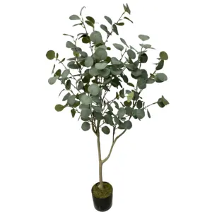 Planta de eucalipto de imitación de hojas de seda de dólares de plata de plástico alto con más maceta de estilo, árbol de eucalipto artificial