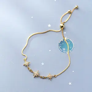 Domicile — Bracelet d'étoile du nord, chaîne avec cubiques en zircone, or blanc, plaqué argent fin, Bracelet réglable, étoiles veilleuse