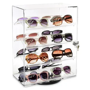 Hete Verkoop Acryl Transparante Afsluitbare Roterende Kast 4 Afneembare Planken Zonnebril Staan Display Brillen Kast Stand