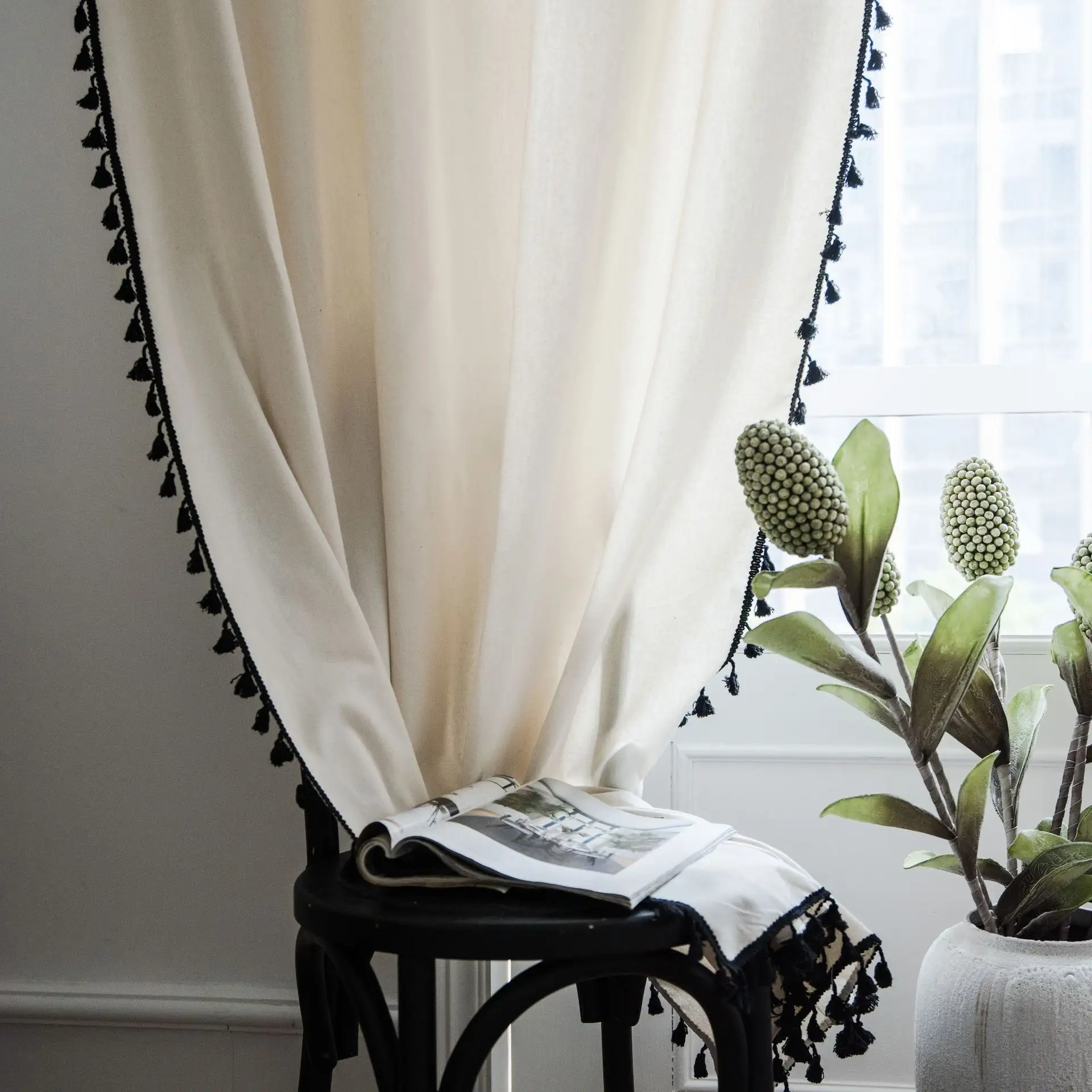 Simple and fashionable white cotton and linen custom made luxury curtains with black tassels curtain