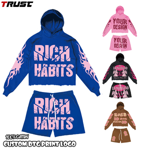 高品质定制Dtg印花标志男士重量级连帽衫套装街头棉2件套慢跑者套装短款男士两件套 - Product Image 1